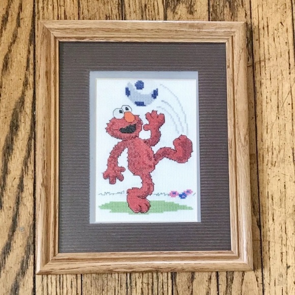 Elmo Finished Cross Stitch Framed Soccer Player Sesame Street Whimsical Vintage - Picture 1 of 4